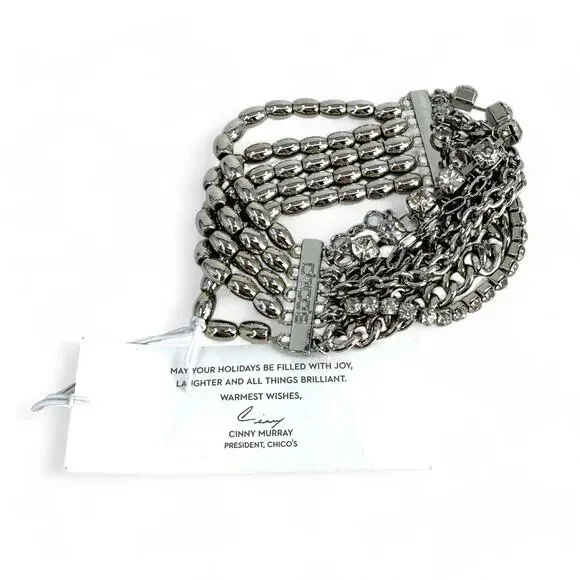 Chico’s Multi Strand Stretch Bracelet Rhinestone Chain Silver Tone Beads - Picture 5 of 5